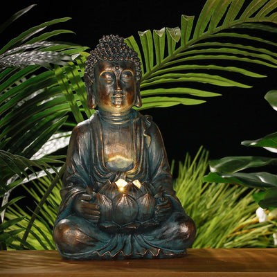 TERESA'S COLLECTIONS 32cm Buddha Figur Garten Solarleuchte Harz sitzende Budda Statue Gartenfigur Fr