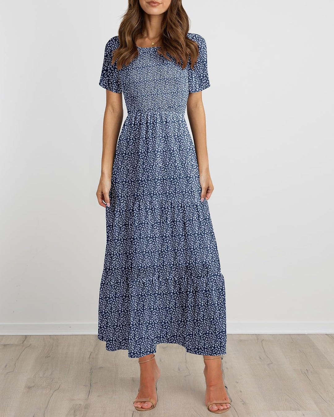 BTFBM Lässiges Sommerkleid für Damen, kurzärmelig, mit Rundhalsausschnitt, Boho-Stil, mit Blumendruc