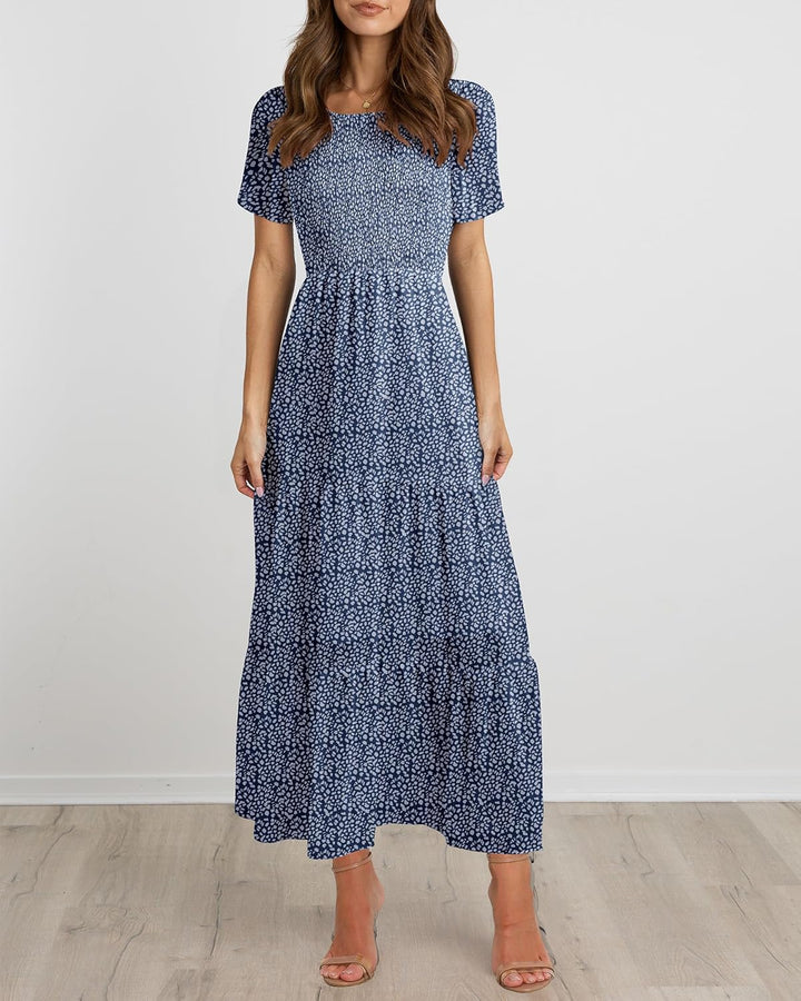 BTFBM Lässiges Sommerkleid für Damen, kurzärmelig, mit Rundhalsausschnitt, Boho-Stil, mit Blumendruc