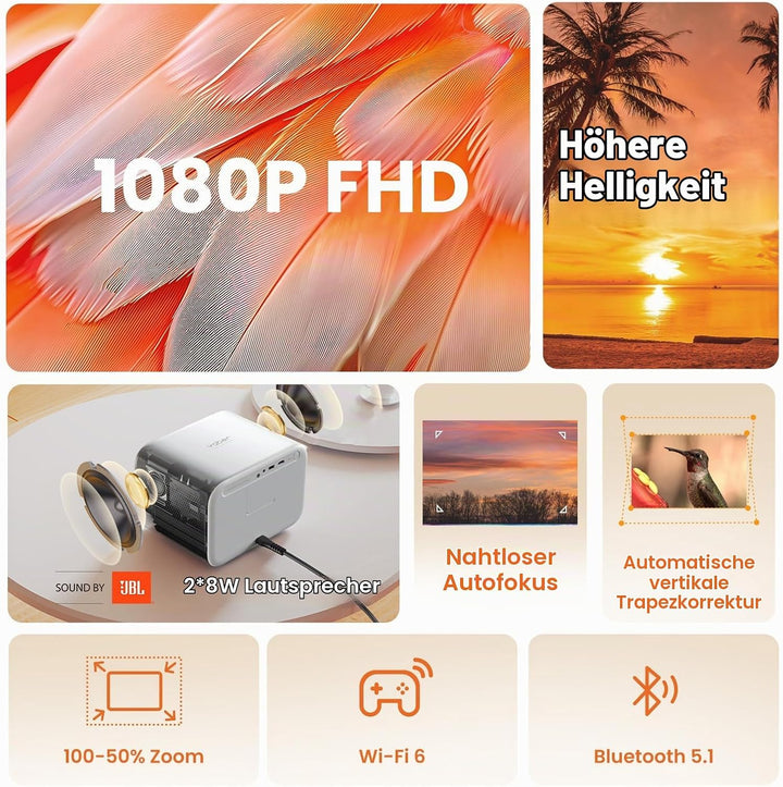 1080P Native Projektor, Yaber L2s Nahtloser Autofokus, Video Beamer mit WiFi6 und Bluetooth 5.1 Heim