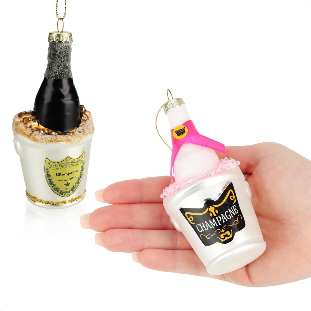 com-four® 2X Christbaumschmuck - Deko-Champagnerflasche im Sektkühler - besondere Baumkugeln als Wei