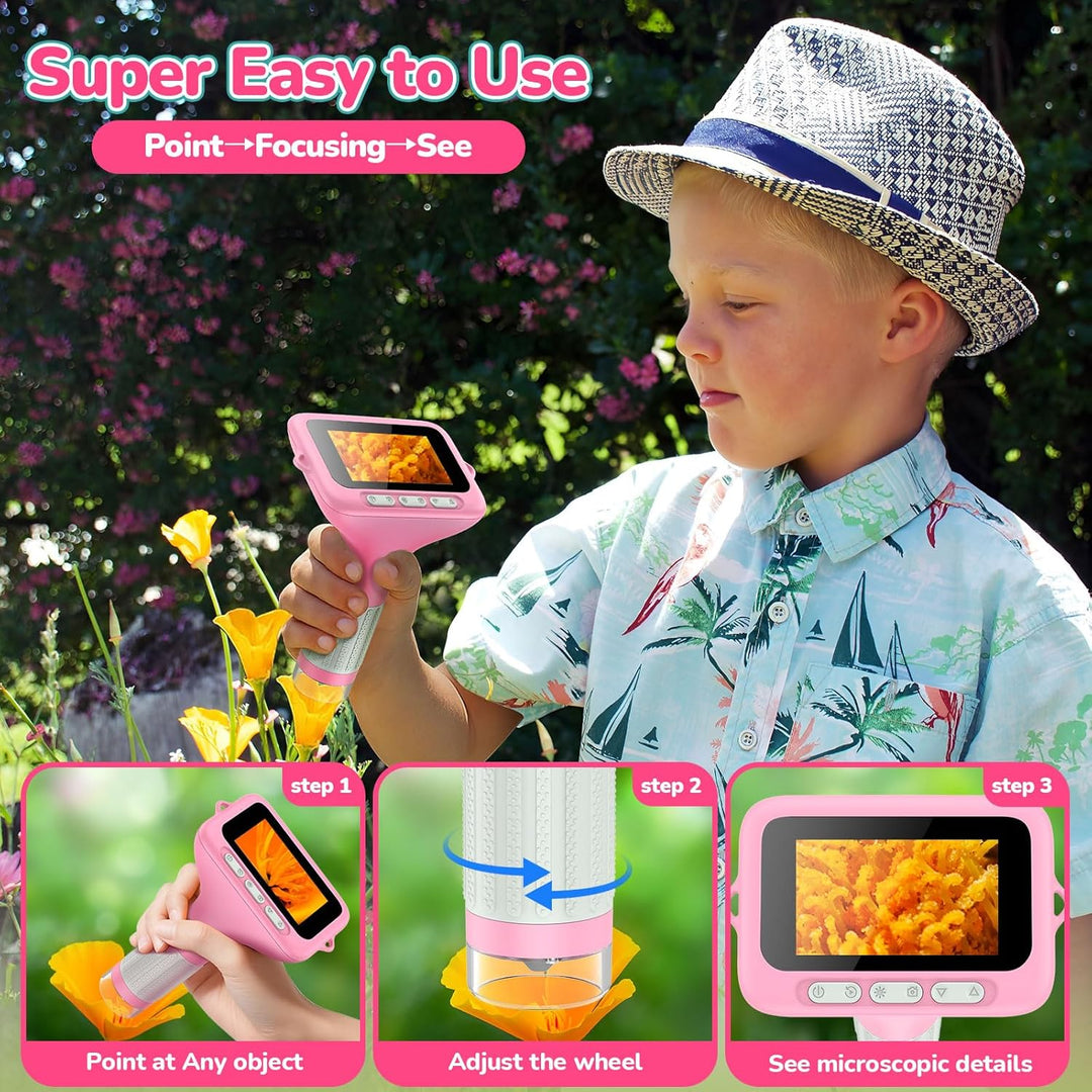 Digitales Mikroskop für Kinder, 7,6 cm (3 Zoll), 1000 x wiederaufladbar, Mini-Taschenlupe, tragbare