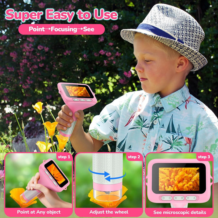 Digitales Mikroskop für Kinder, 7,6 cm (3 Zoll), 1000 x wiederaufladbar, Mini-Taschenlupe, tragbare