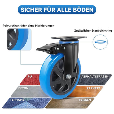 BAOLIHUI 150mm Schwerlastrollen Blau 4er Set Möbelrollen Bis zu 1000KG, 360 Grad Doppelverriegelung