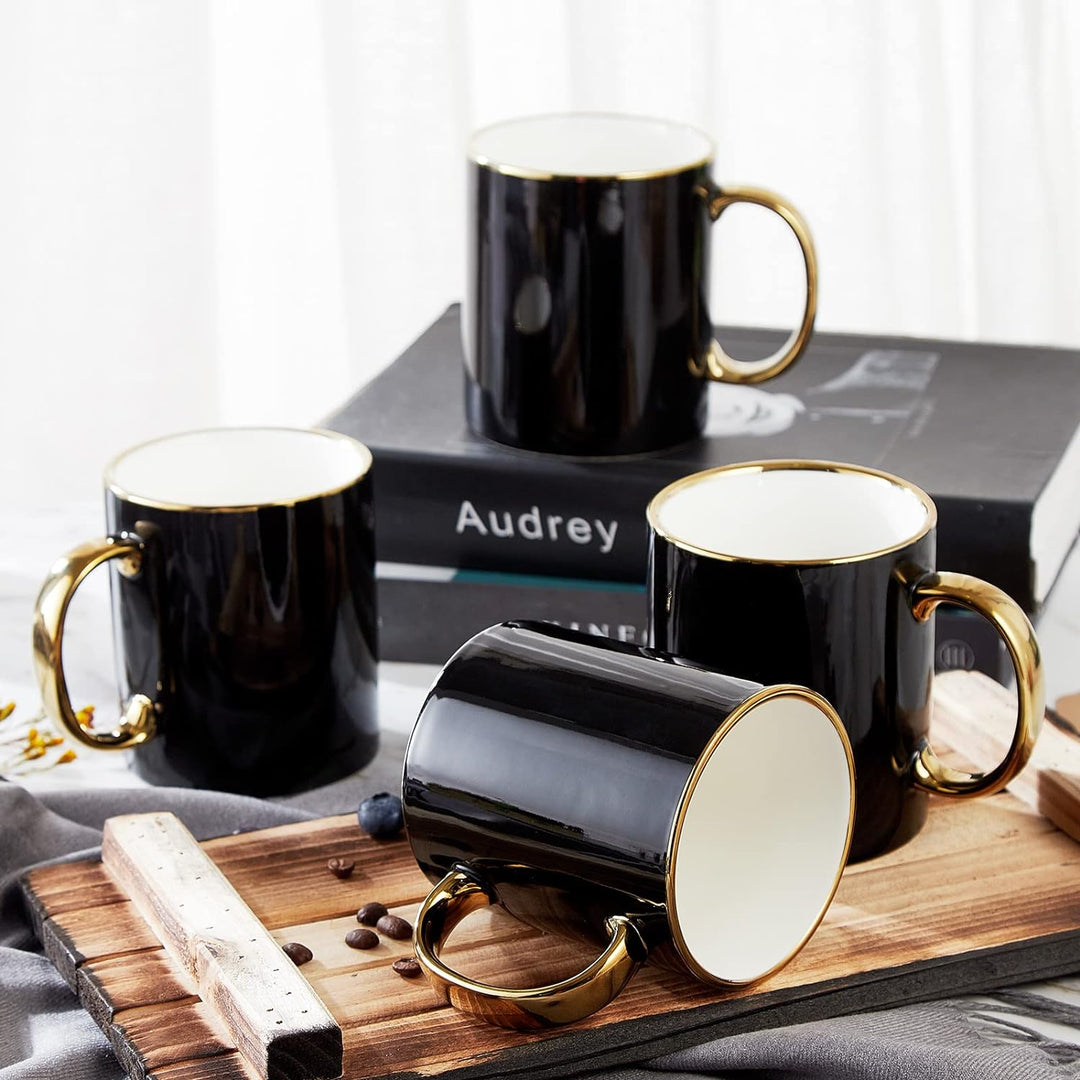 DUJUST Schwarze Kaffeetasse Set von 4(470ml), modernes und stilvolles Design mit handgefertigten gol