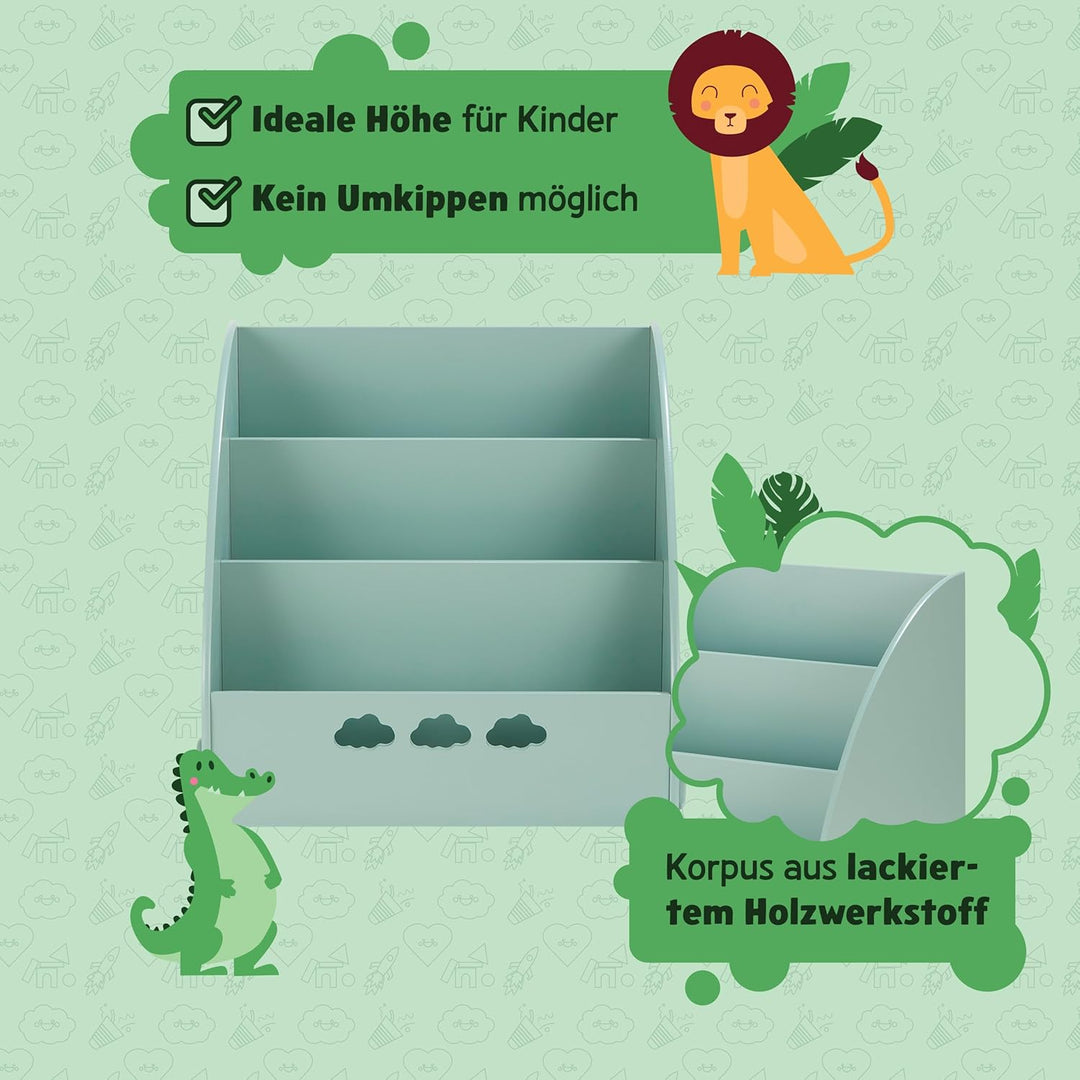 KHG Bücher-Standregal grün für Kinder mit 3 offenen Fächern, freistehendes Kinderregal für Bücher un