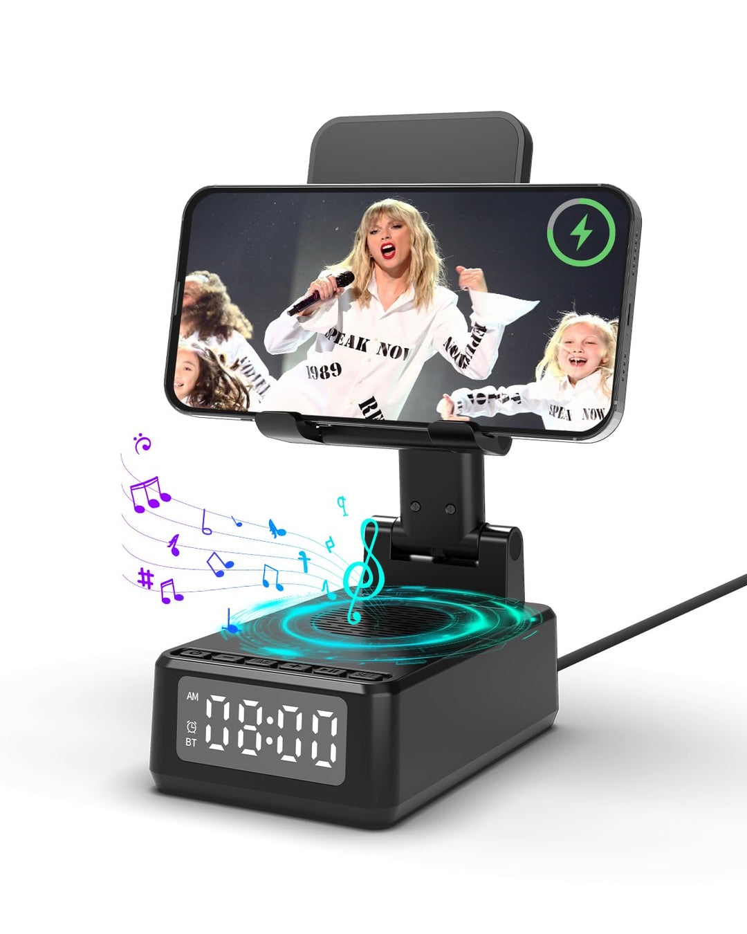 Bluetooth Lautsprecher mit Faltbarer Handyhalterung, 6-in-1 Tragbarer Musikbox, Handy Ständer mit We