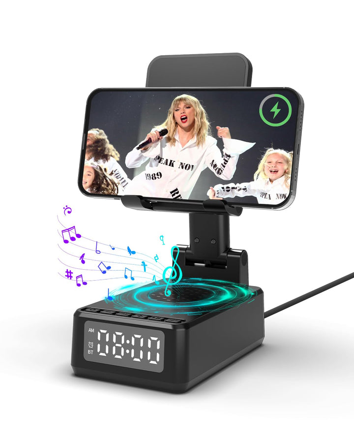 Bluetooth Lautsprecher mit Faltbarer Handyhalterung, 6-in-1 Tragbarer Musikbox, Handy Ständer mit We