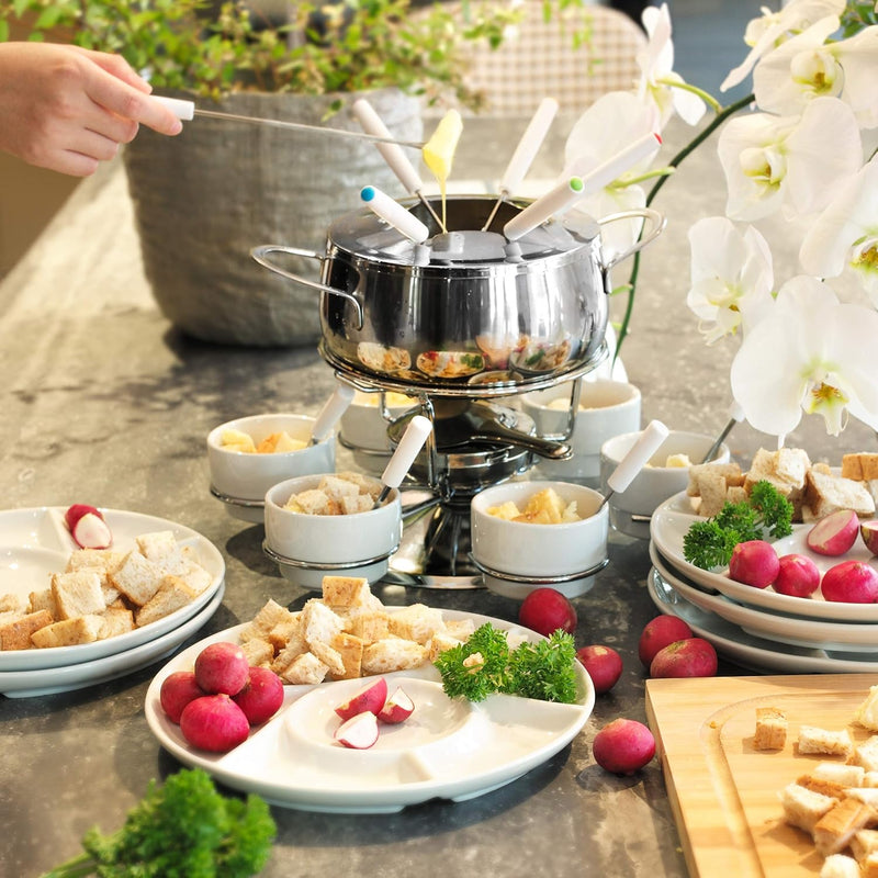 Ribelli Fondue Set 28-teilig Edelstahl 6X Gabel, Löffel, Teller, Schälchen Käsefondue Fleischfondue