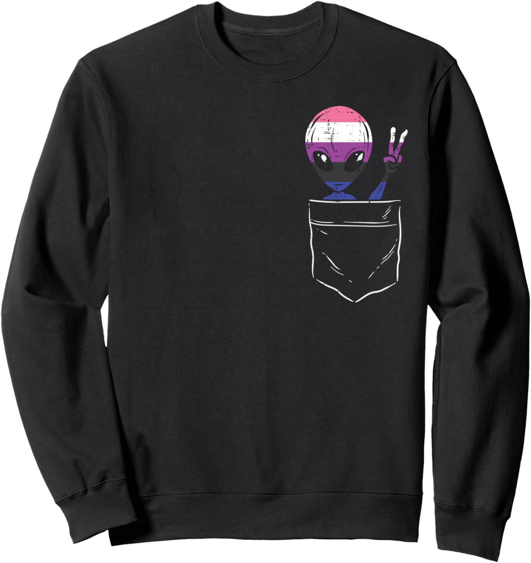 Allien In Pocket Waving LGBTQ Genderfluid Flag Non-Binary Sweatshirt