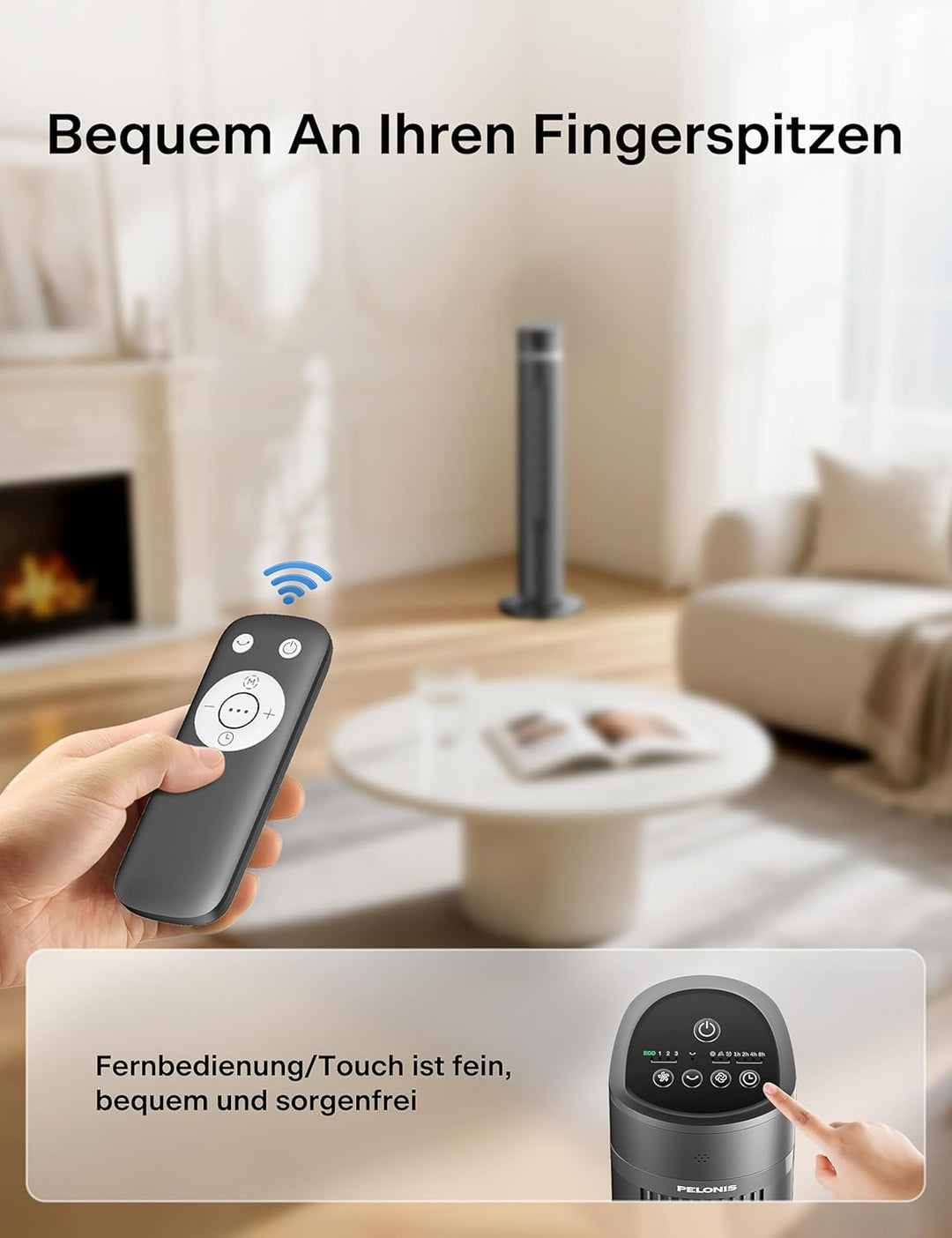 PELONIS Turmventilator Ventilator, Standventilator mit Fernbedienung und 4 Geschwindigkeitsstufen &