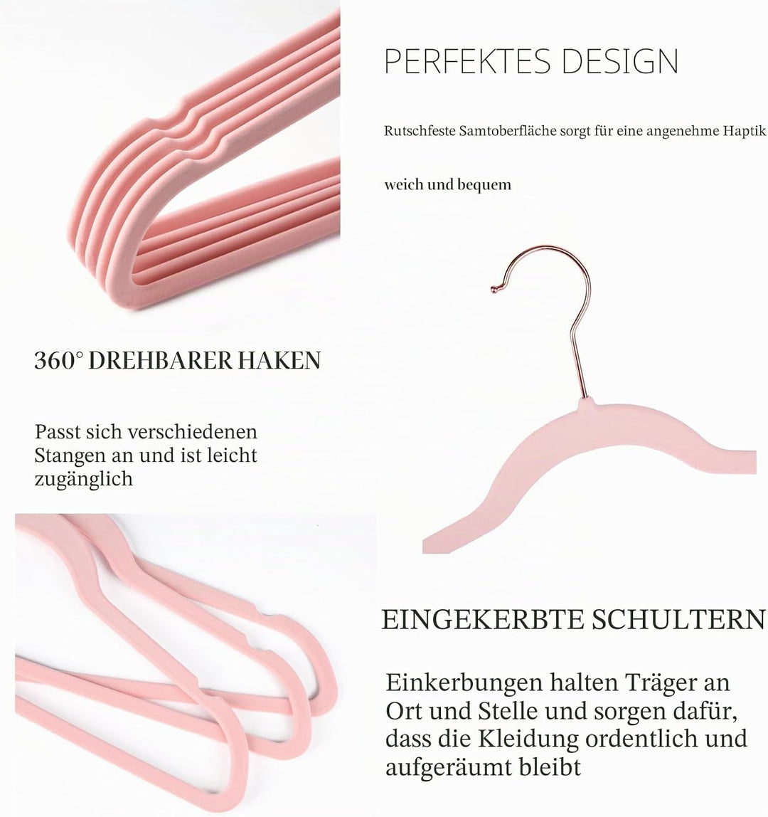 Arekuaei Rosafarbene Samt-Kleiderbügel, strapazierfähig, rutschfest, platzsparende Kleiderbügel, Kup