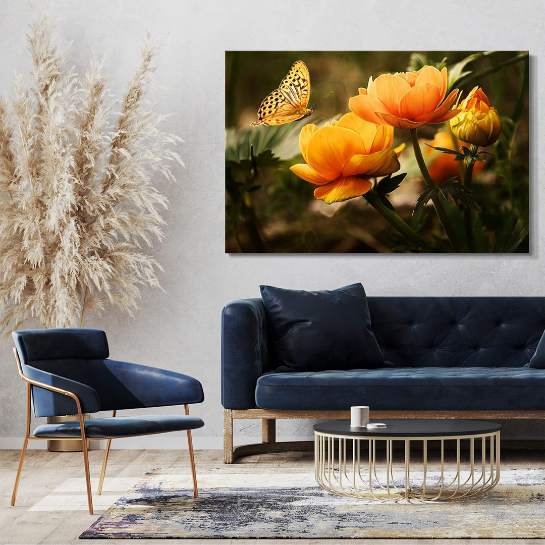 Printed Paintings Leinwand (100x70cm): Blumenbilder Schmetterling auf gelb-orangen Blumen 100x70 cm,