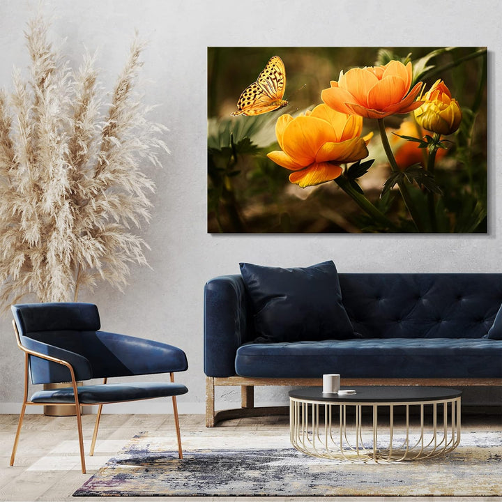 Printed Paintings Leinwand (100x70cm): Blumenbilder Schmetterling auf gelb-orangen Blumen 100x70 cm,