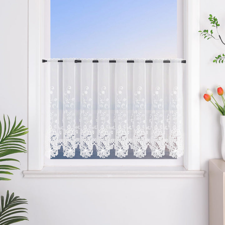 HeichkelL Scheibengardine Voile Kurzstore Hohl Stickerei Vorhang Durchstangenzug Gardine Küche Tür K