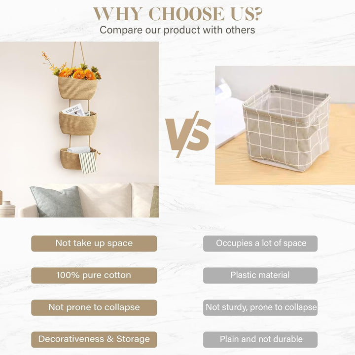 danpinera Aufbewahrungskörbe, 3-stöckige Baumwollseilkörbe mit Knopfriemen über der Tür, Wandorganiz