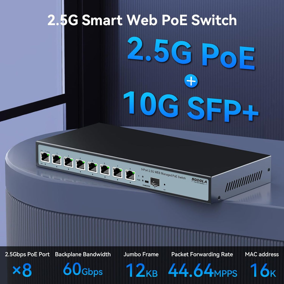 8 Port 2.5G Web Managed PoE Switch 120W|1X 10G SFP+&4 x 2.5GBase-T PoE Ports, Max 90W PoE Output, IE