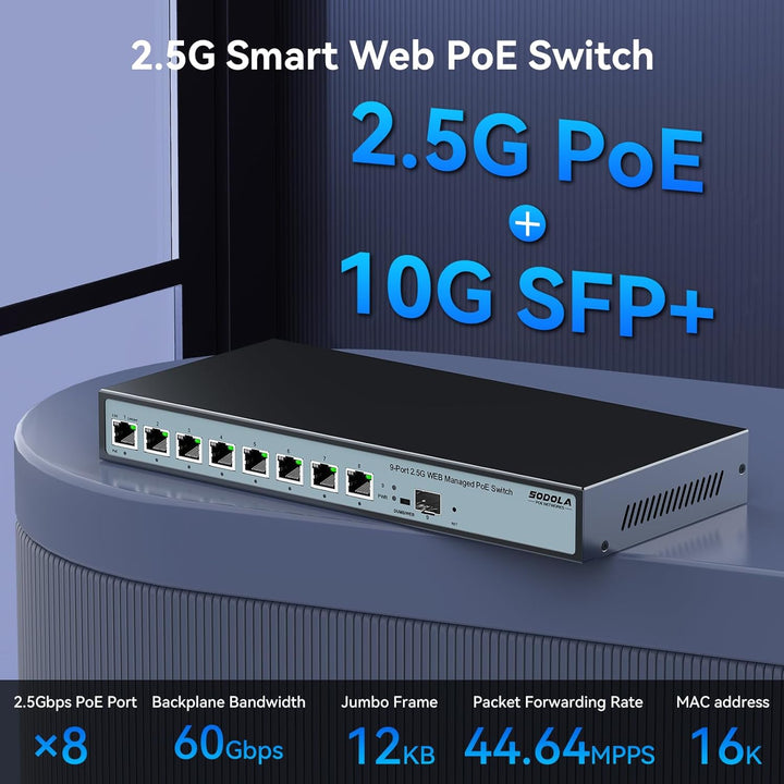 8 Port 2.5G Web Managed PoE Switch 120W|1X 10G SFP+&4 x 2.5GBase-T PoE Ports, Max 90W PoE Output, IE