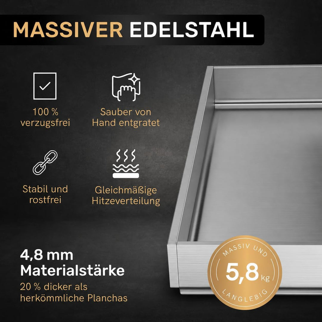 AMZBBQ® Premium Plancha Set - 40 x 30 cm - ca. 5 mm massiver Edelstahl - 20% stärker als herkömmlich