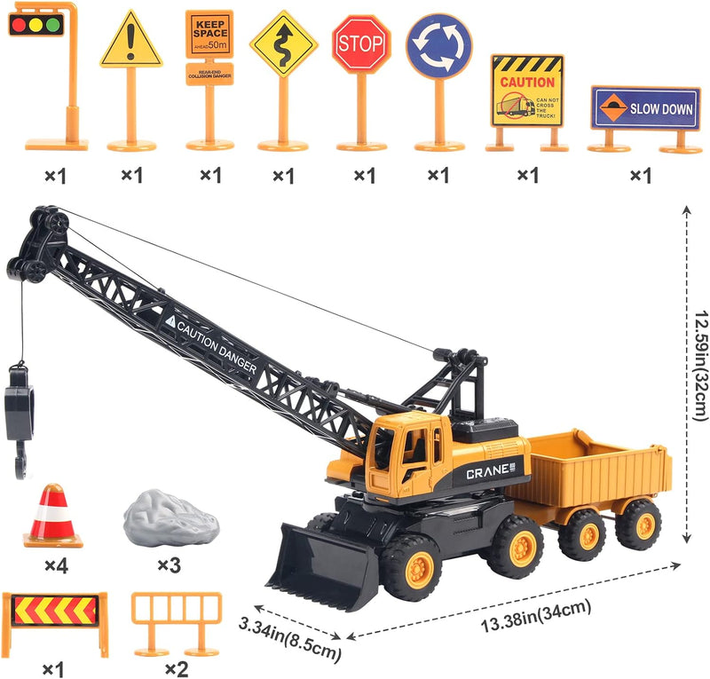 Hapavis Kran Spielzeug BAU LKW Trägheit Fahrzeug Engineering Auto mit Anhänger Strassenschilder Gesc