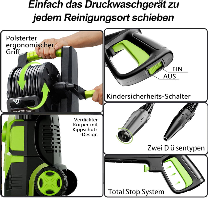 Hochdruckreiniger 200 Bar, Touchscreen 8-stufiger, 6-in-1-Düse, Druck: 100-200bar, Fördermenge: 280-