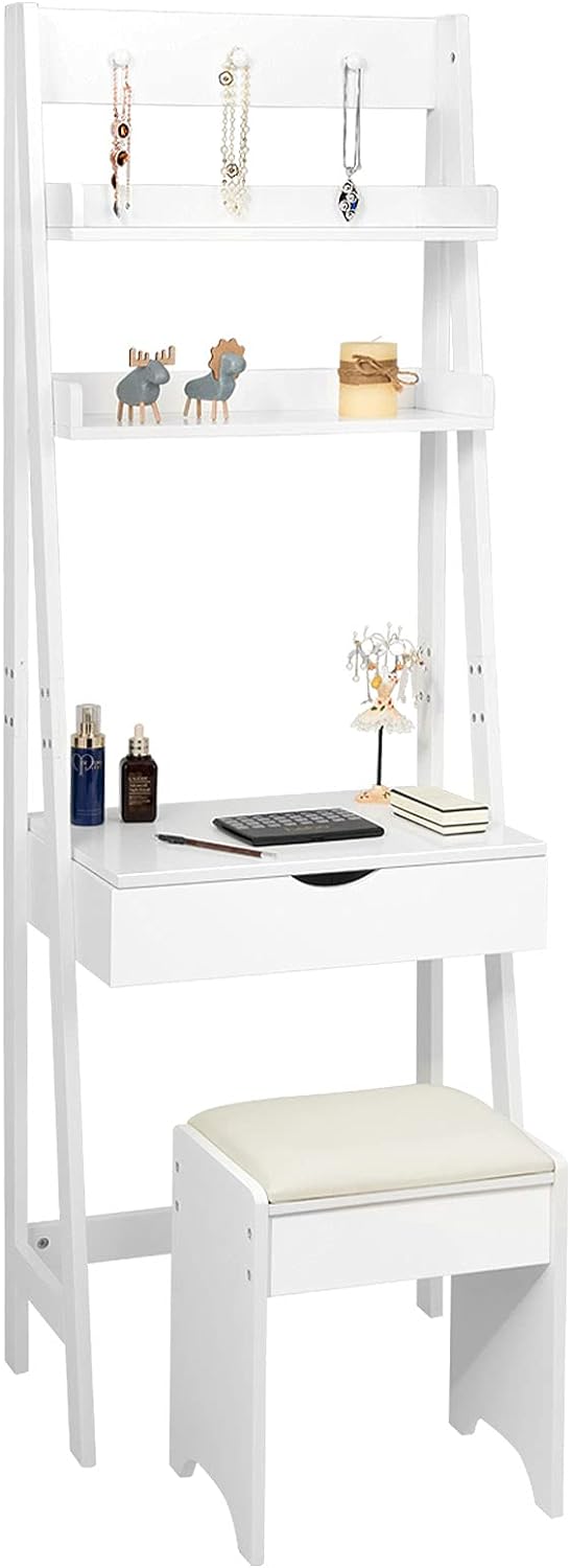 DREAMADE Schminktisch, Kosmetiktisch mit Klappspiegel & Leiterregal, Make-up Tisch aus Holz, Frisier