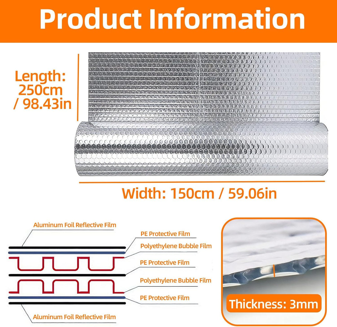 150 cm x 2.5 m Aluminisierte Isolierfolie, Multifunktional 3mm Dicke Doppelseitige Aluminium-Luftpol