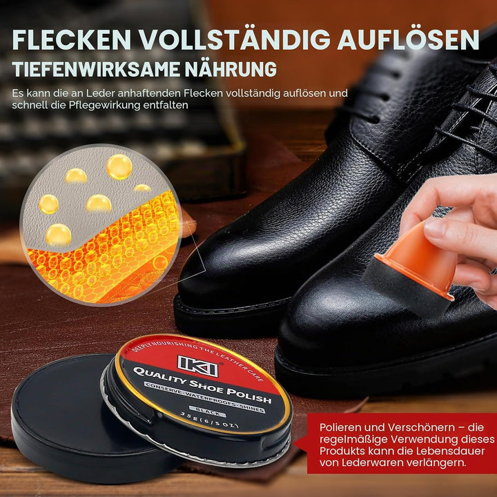 IKI 10tlg Schuhcreme &amp; Pflegeset – Schuhputzset mit Schwarz Schuhcreme Pferdehaar Bürsten Für Leder