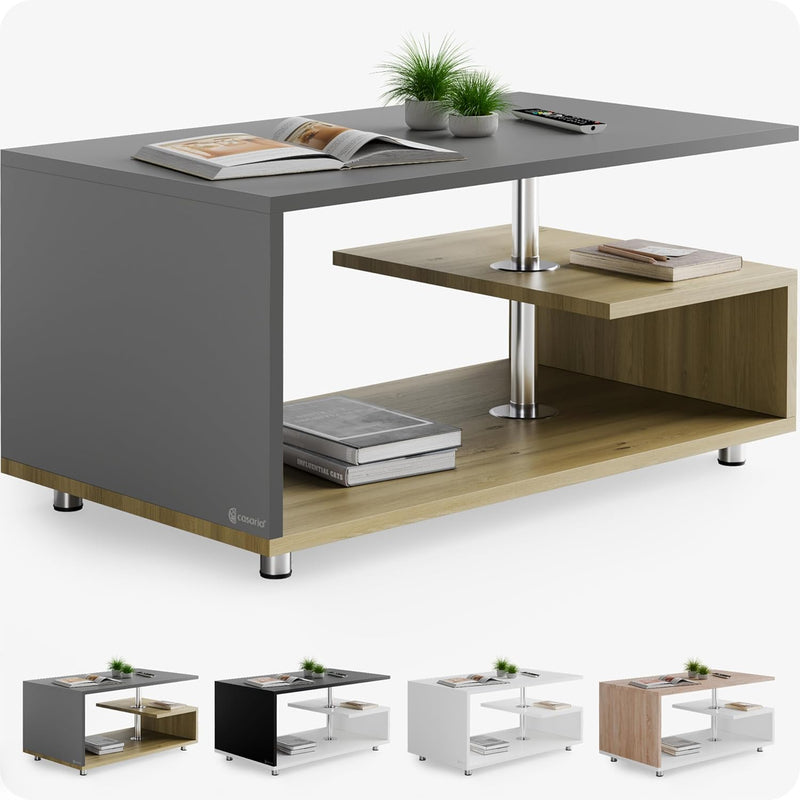 Casaria® Couchtisch Grau Holz Modern mit Stauraum 95x55cm Edelstahl Füsse Rund Höhenverstellbar Abla
