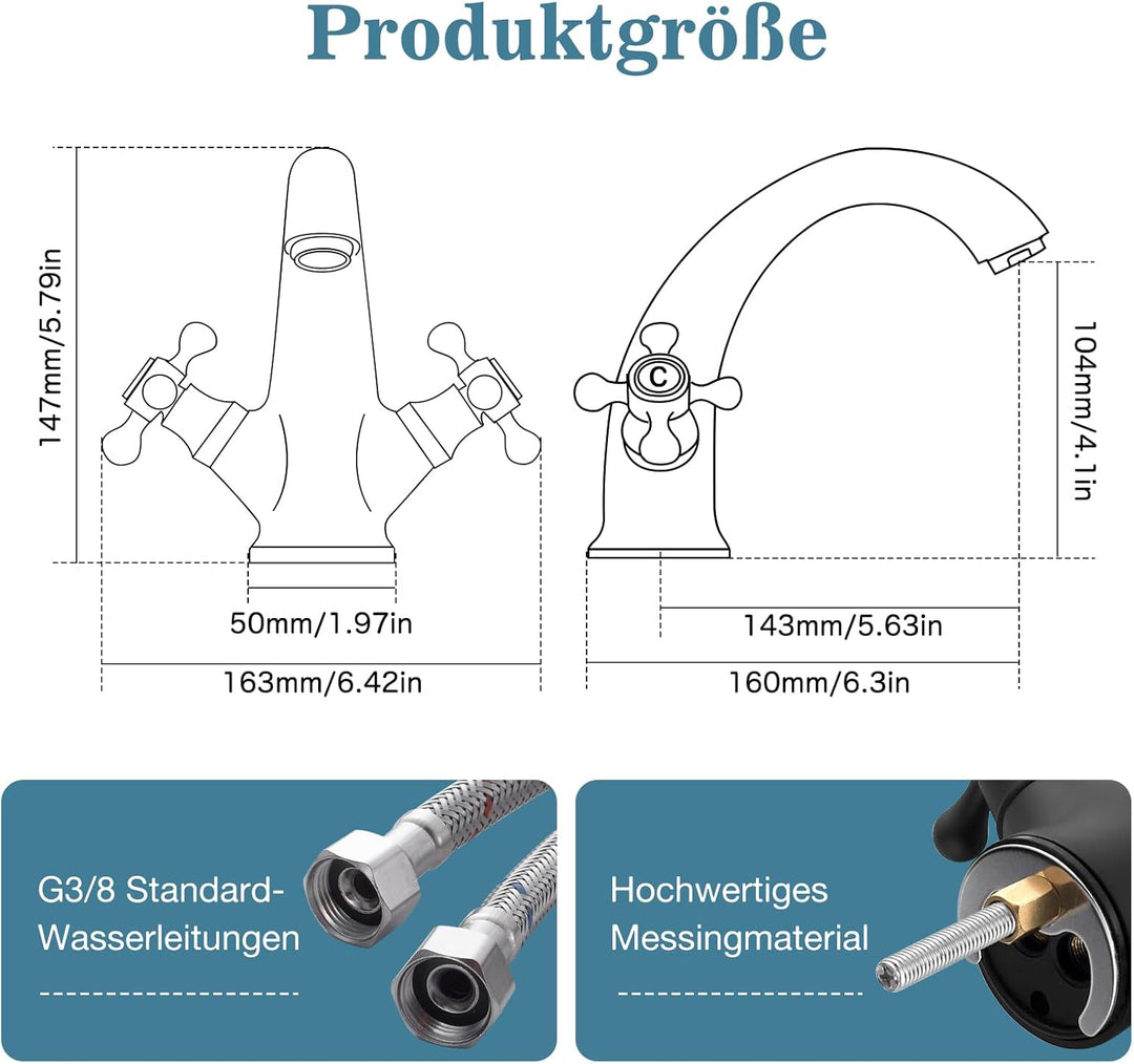 Wasserhahn Bad Schwarz, Waschtischarmatur Retro Zwei Griffe, Armaturen Bad Vintage, Waschtischarmatu