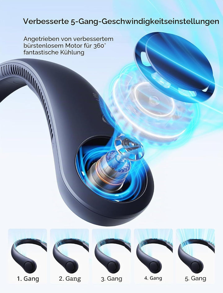 JISULIFE Persönliche Nackenventilator, USB Wiederaufladbarer Tragbarer Halsventilator mit 4000mAh AK