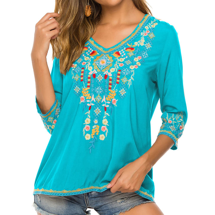 Vakakado Hippie Kleidung Damen Bohemian Folklore Stickerei Bluse 3/4 äRmel V Ausschnitt Tunika Somme