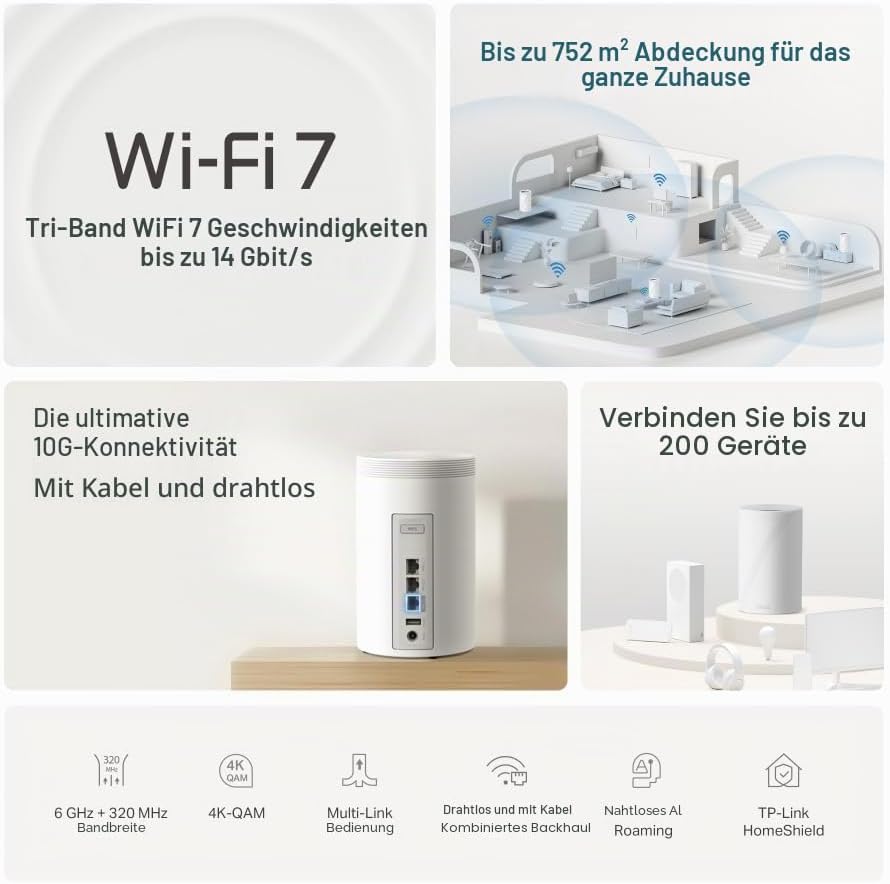 TP-Link Deco BE68 (3-Pack), WiFi 7 Mesh BE14000 Tri-Band, 14 Gbit/s, Ethernet-Port bis zu 10 Gbit/s,