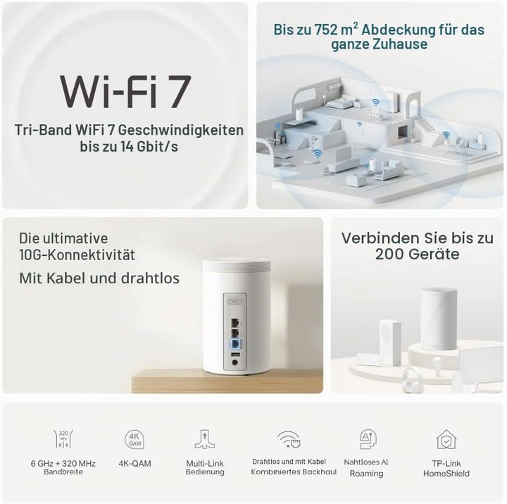 TP-Link Deco BE68 (3-Pack), WiFi 7 Mesh BE14000 Tri-Band, 14 Gbit/s, Ethernet-Port bis zu 10 Gbit/s,