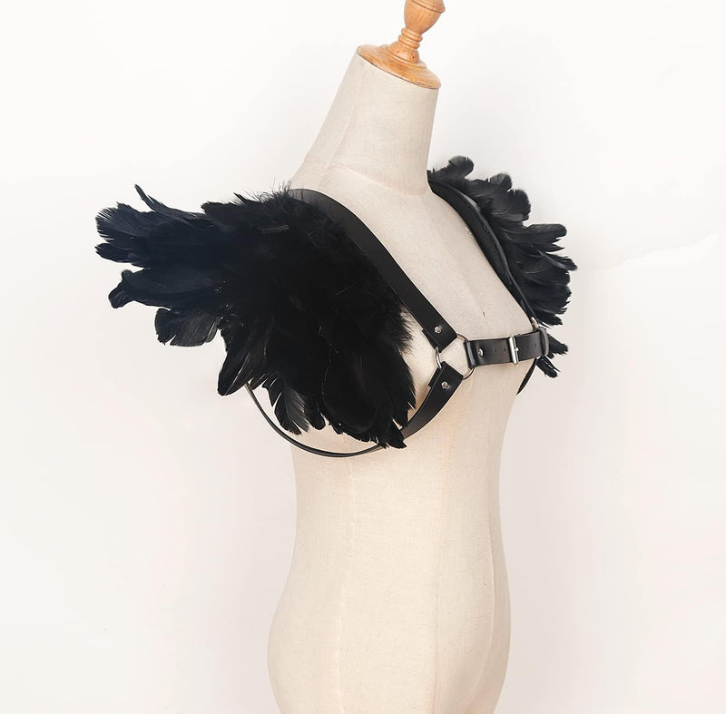 keland Gothic Halloween Kostüm Accessoires Feder Epaulettes Shrug Schulterklappen mit Leder Body Har
