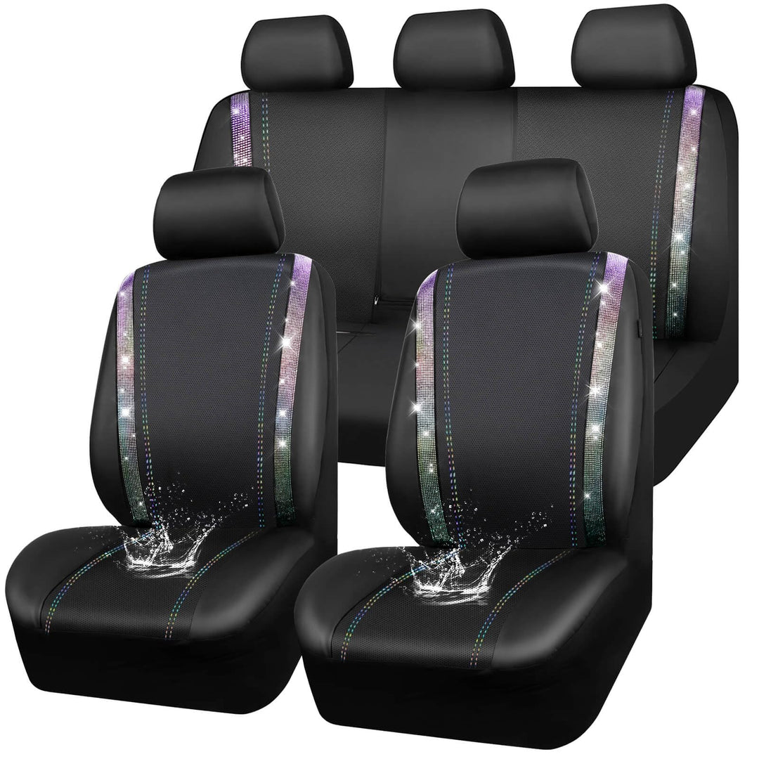 CAR PASS Wasserdicht Leder Autositzbezüge, Bling Diamant Komplettset Sitzbezug, Glänzend Kristall Gl