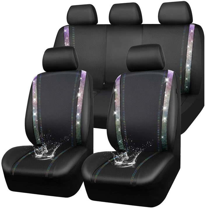 CAR PASS Wasserdicht Leder Autositzbezüge, Bling Diamant Komplettset Sitzbezug, Glänzend Kristall Gl