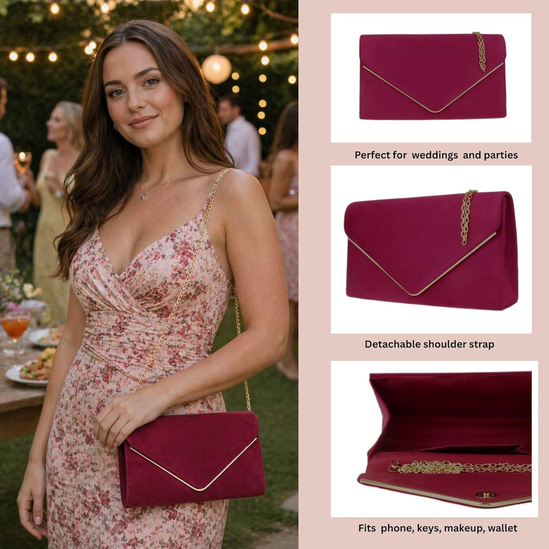 Girly Handbags Faux Suede Clutch Bag Envelope Metallic Frame Women Handbag Dark Rose Dunkle Rose, Du