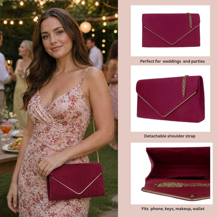 Girly Handbags Faux Suede Clutch Bag Envelope Metallic Frame Women Handbag Dark Rose Dunkle Rose, Du
