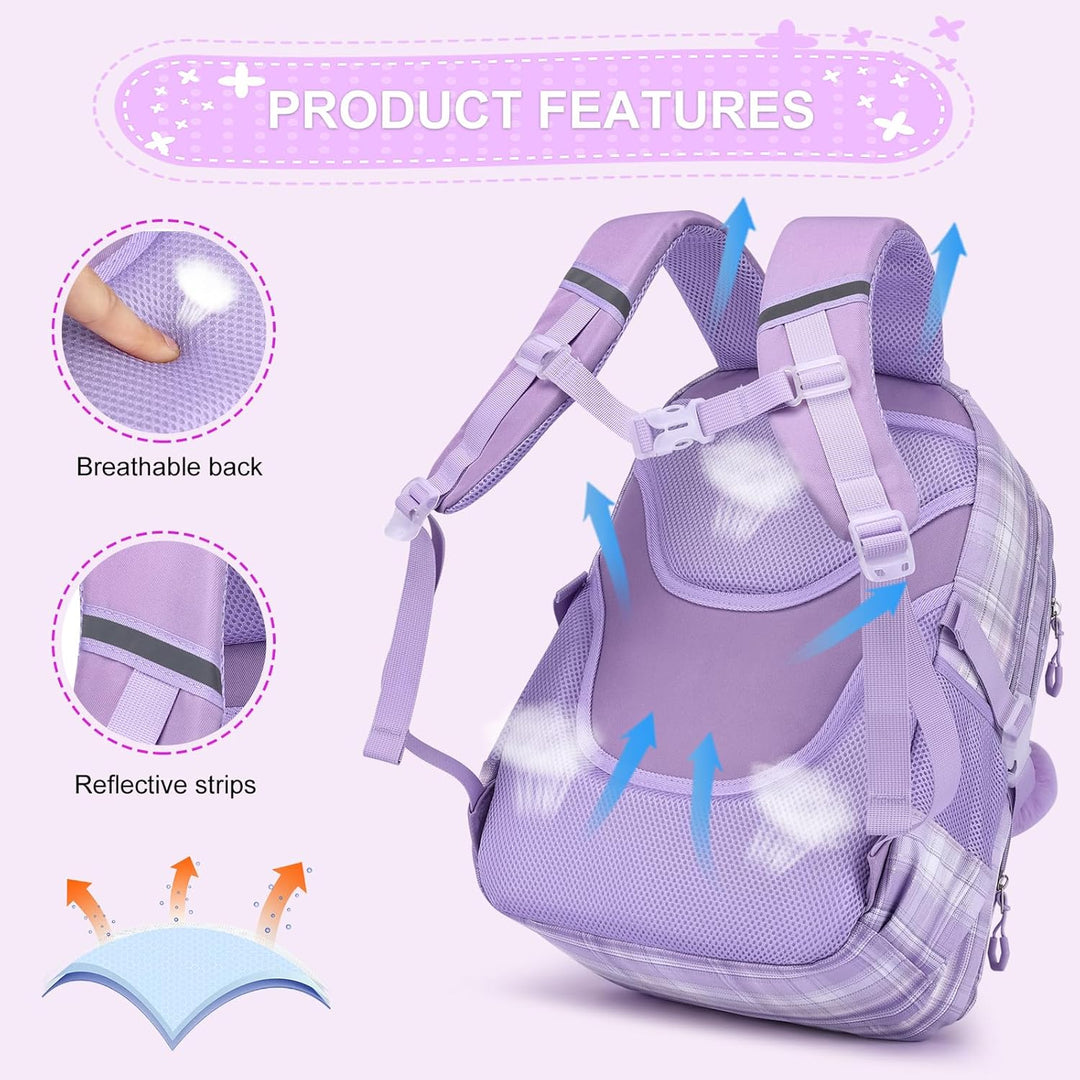 KEBEIXUAN Rucksack Mädchen, Schultasche Mädchen 1.-5. Klasse, Atmungsaktiv Schulrucksack mit Pom-Pom