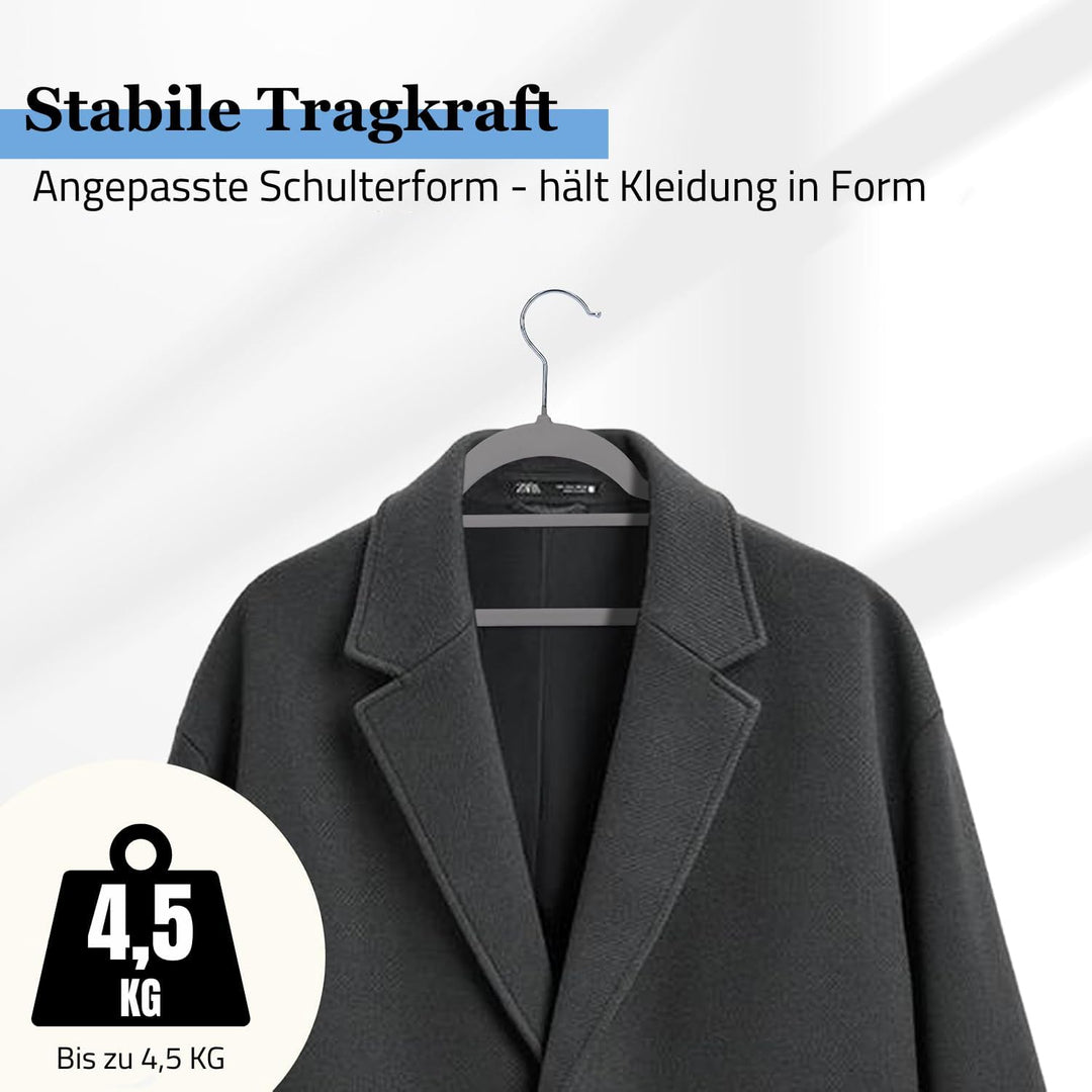 Kleiderbügel Samt 50er Set – Samtbügel grau - rutschfest mit Kunststoffkern, Hosensteg, Kerben & 360