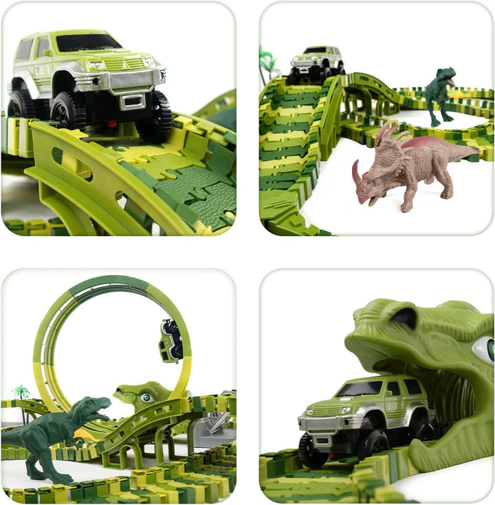CELMAN Dinosaurier Spielzeug - Flexibles Rennbahn mit viele Teilen und Geländewagen, Autorennbahn Sp