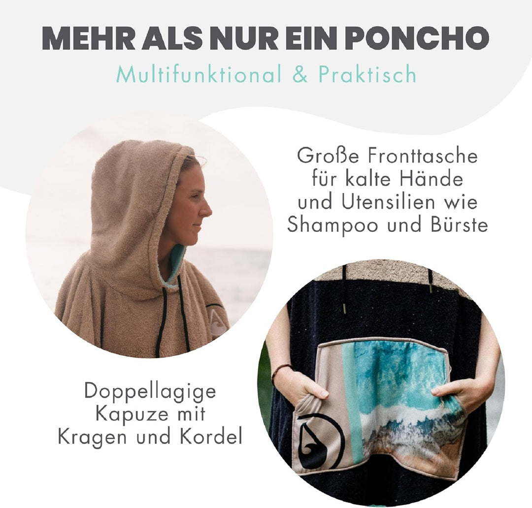WAVE HAWAII Poncho Ericeira Surfponcho 95% Baumwolle Badeponcho für Körpergrössen von 160-190 cm Umk
