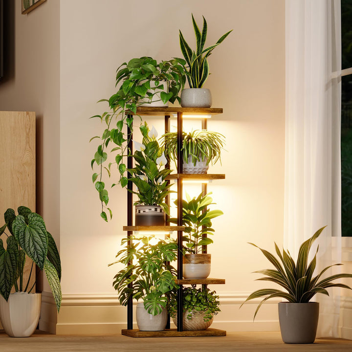 Bamworld Pflanzenregal Indoor mit LED-Wachstumslicht, 5 Ebenen Blumenständer Holz &amp; Metall, Mehrstöc