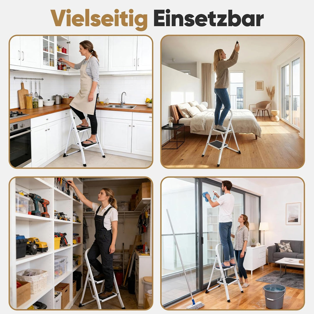 Sekey Leiter 2 Stufen klappbar, Stabile Trittleiter aus Stahl, rutschfest, Platzsparend Klappbar, Tr