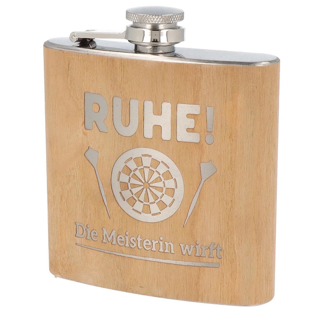 Spruchreif | Flachmann aus Edelstahl mit Gravur | Flachmann aus Holz | Geschenkidee Darts | Outdoor