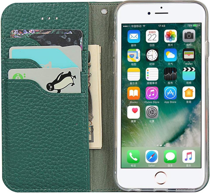 Brieftasche Hülle für iPhone 6 Plus/6S Plus, Litschi Genarbtes Echtleder Hülle [Kartenfächer] [Stand