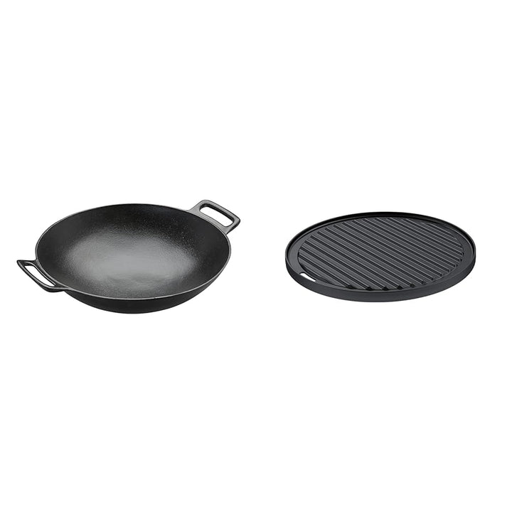 RÖSLE VARIO Wok, Hochwertiger Wok aus emailliertem Gusseisen zum scharfen Anbraten &amp; VARIO Grillplat