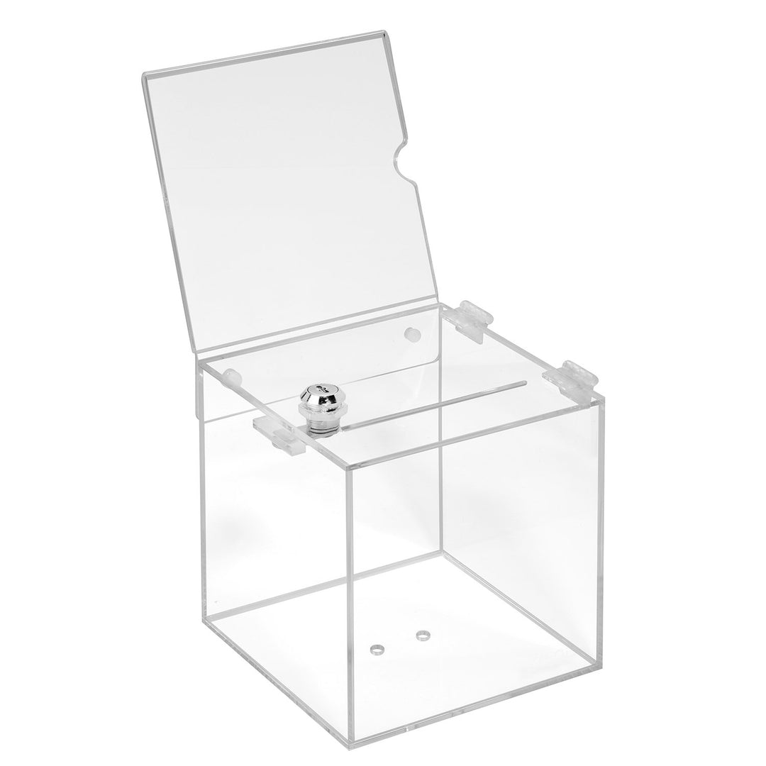 Losbox aus Acrylglas in 150x150x150mm mit Schloss und Topschild 150x150mm - Zeigis® / Spendenbox/Akt