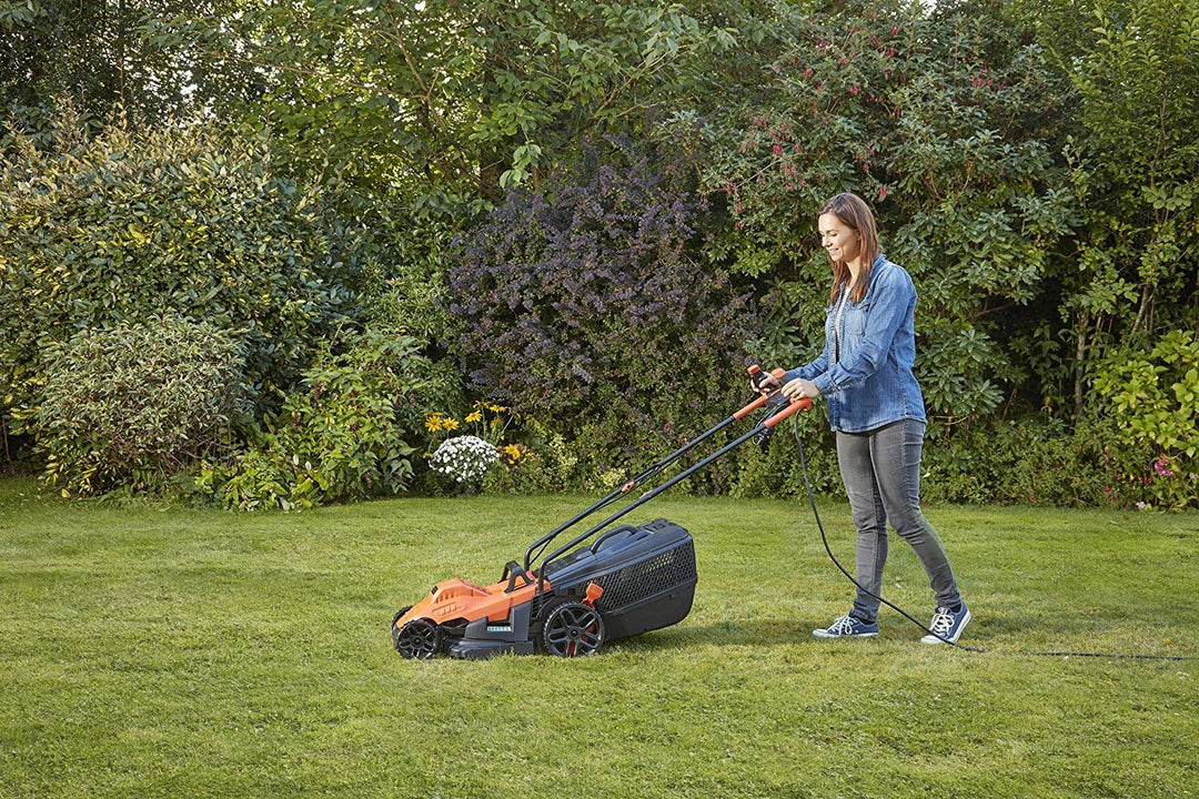 Black+Decker Elektro-Rasenmäher mit Fahrradlenker-Griff (1.400W, 34cm Schnittbreite, 6-fach Höhenver